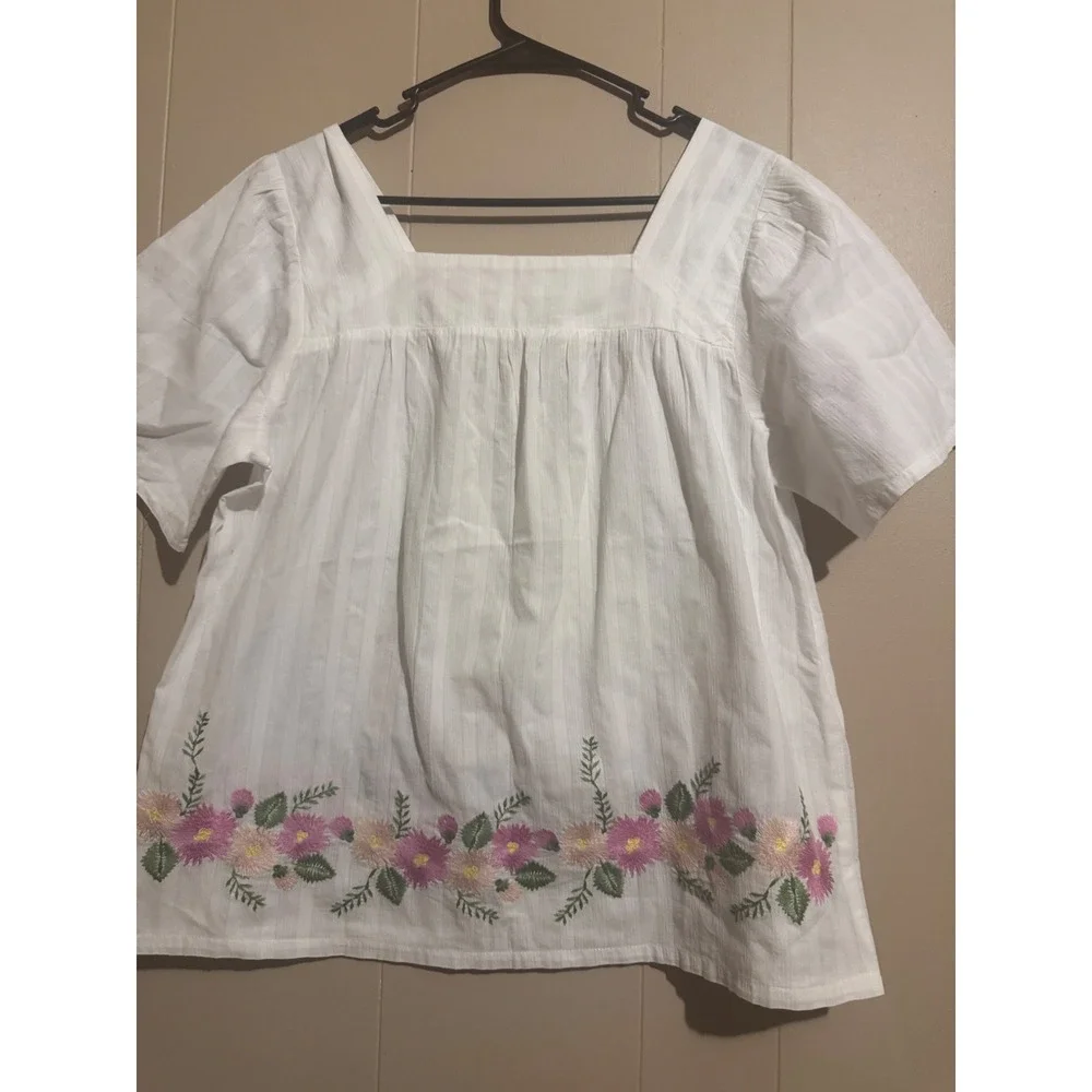 Matilda Jane Womens White Cotton Floral Embroidered‎ Square Neck Blouse Top M